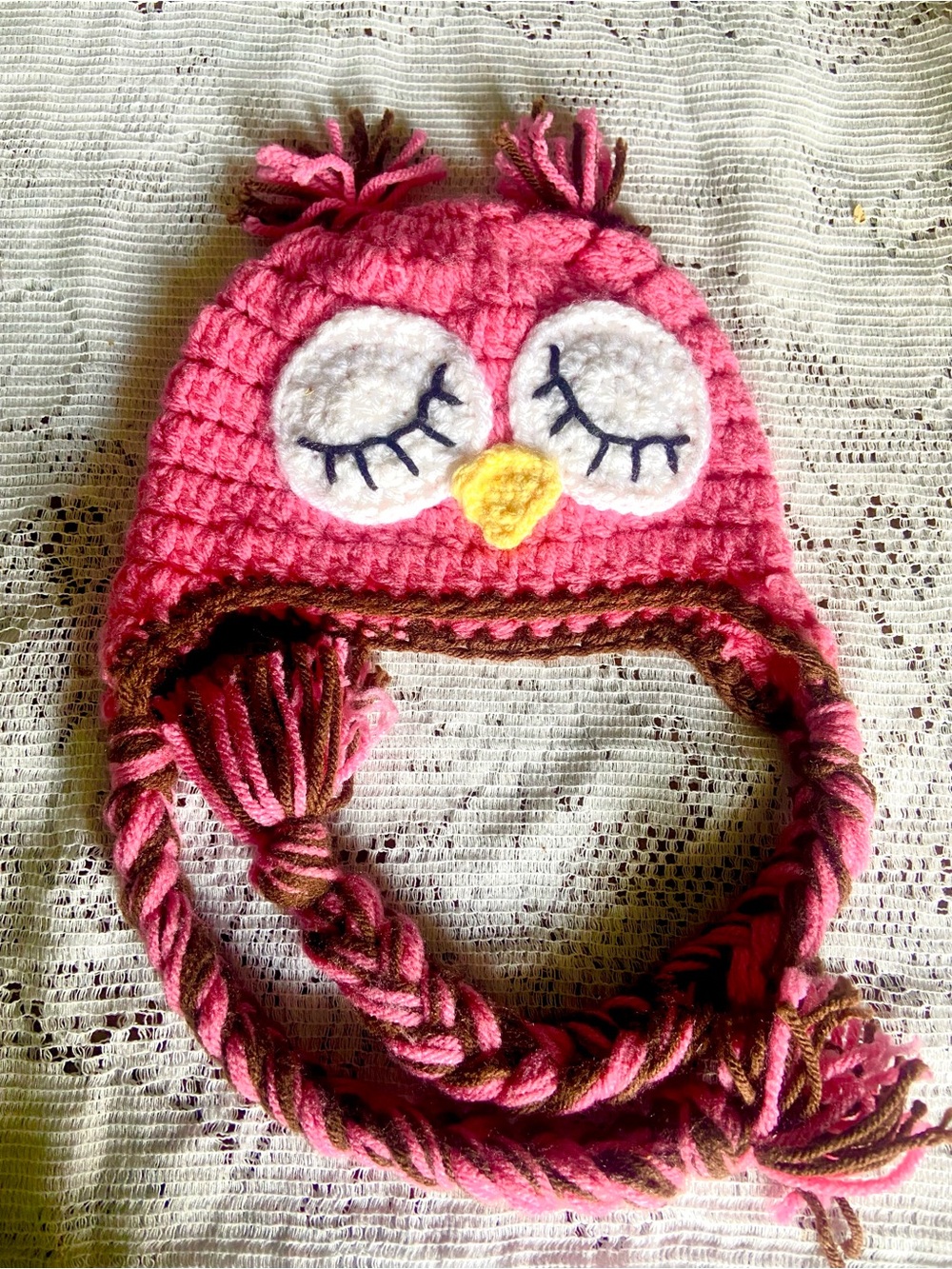 Pink Owl Earflap Beanie for Kids with Braided Tassels